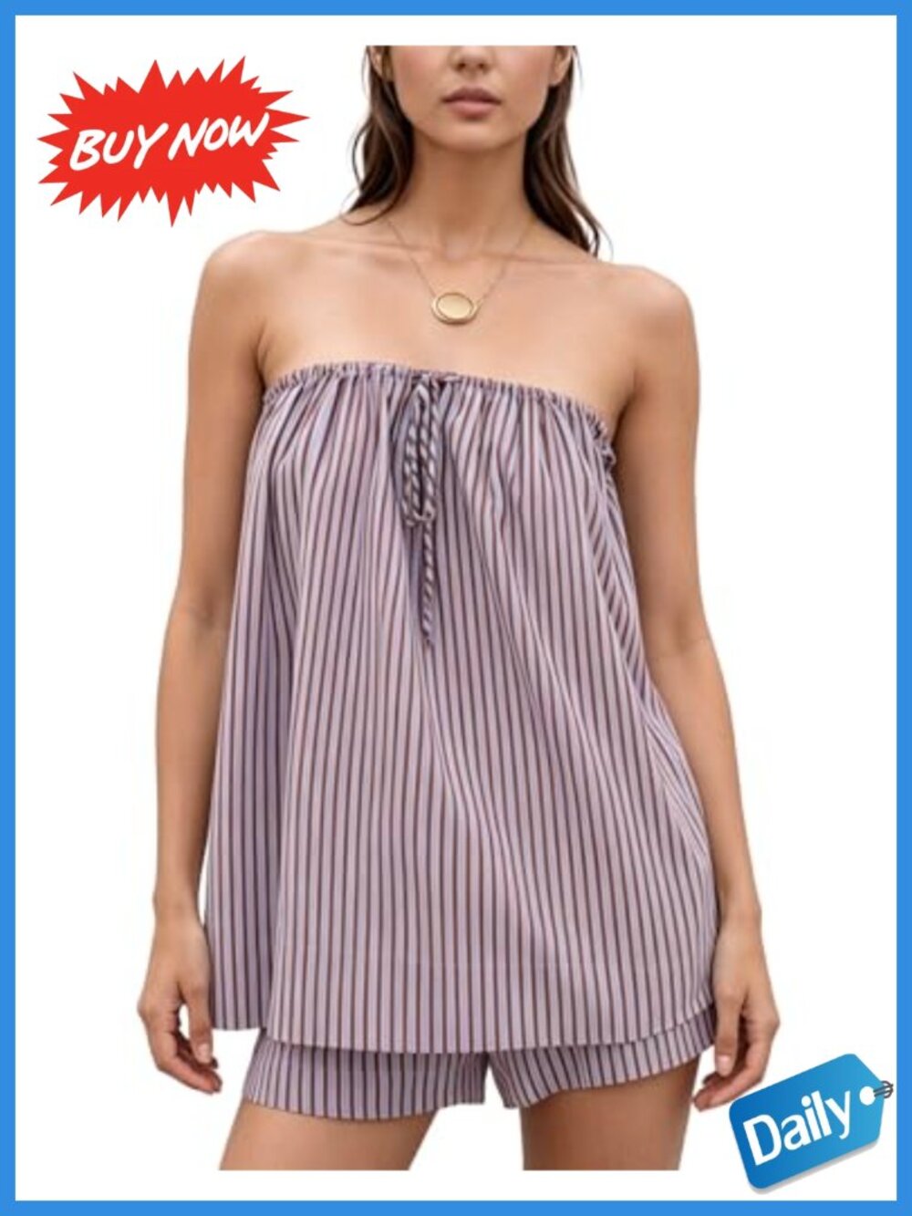 Women's Striped Two Piece Set Ruched Tube Top Elastic Waist Shorts Summer